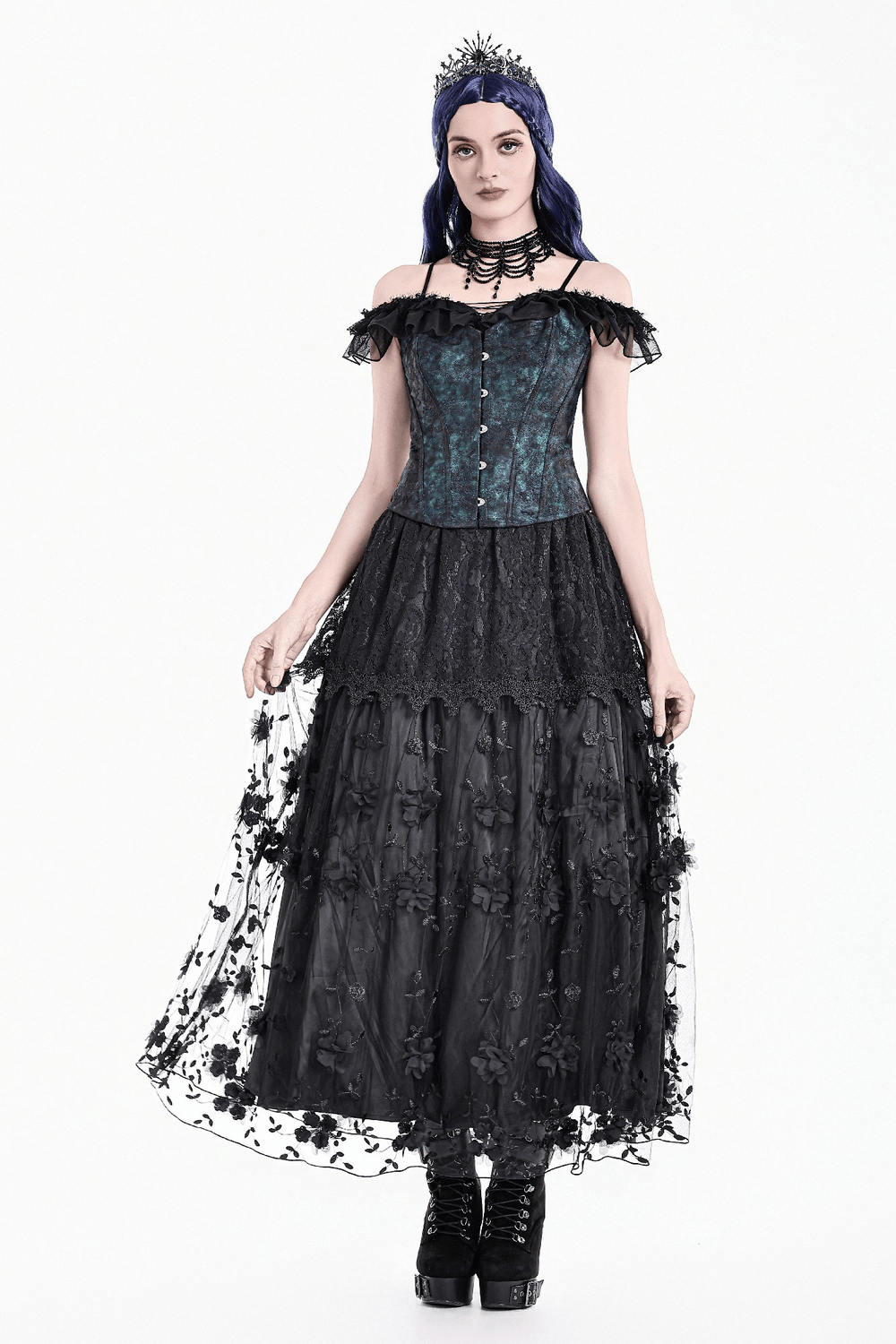 Model wearing a Gothic Black Floral Lace Maxi Skirt for Women with layered lace and floral details.