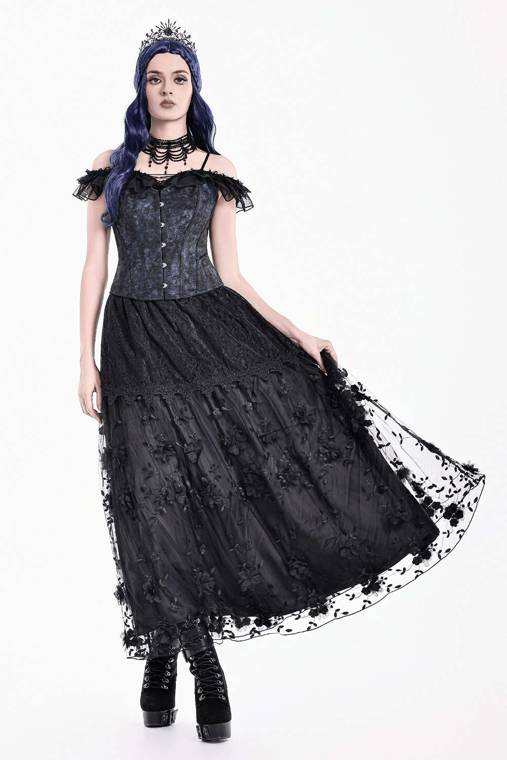 Gothic Black Floral Lace Maxi Skirt for Women styled with a corset and platform boots, showcasing a flowing silhouette and floral details.
