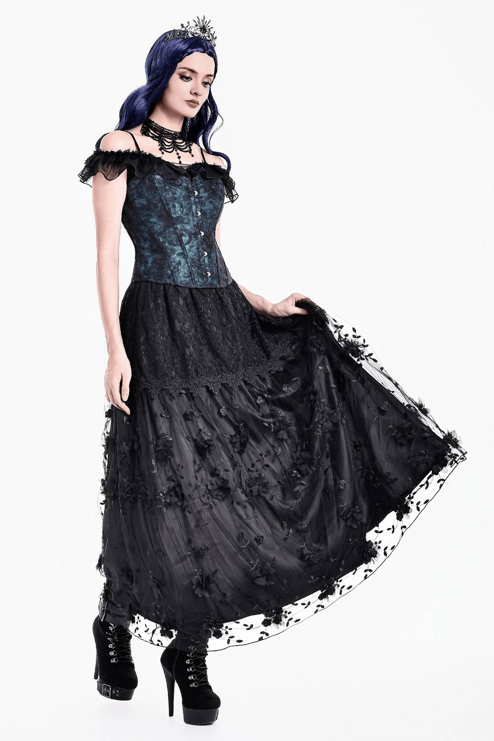 Gothic Black Floral Lace Maxi Skirt for Women with layered lace and floral embellishments, perfect for dark romantic outfits.