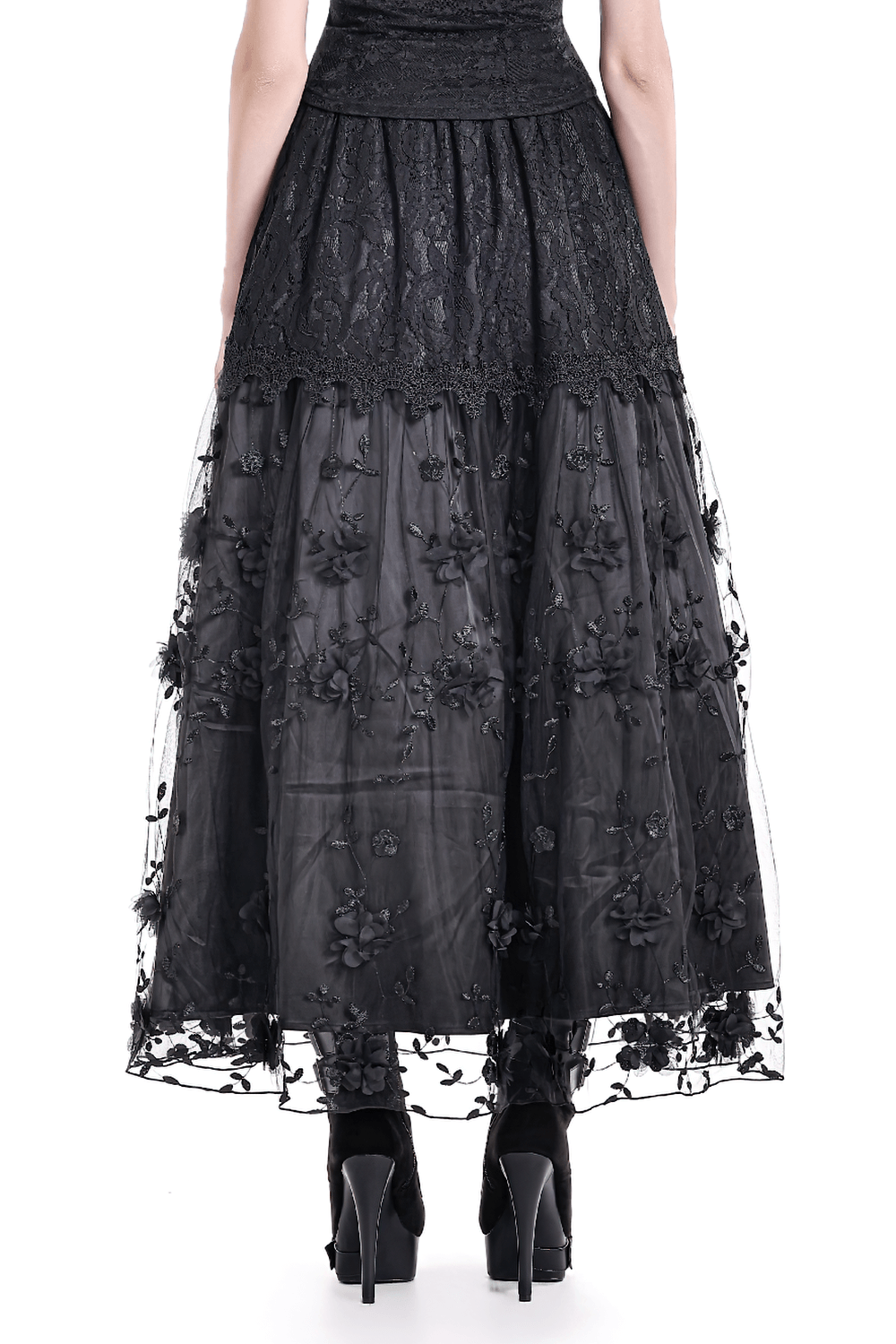 Gothic Black Floral Lace Maxi Skirt for Women featuring layered lace, sheer mesh, and floral embellishments.