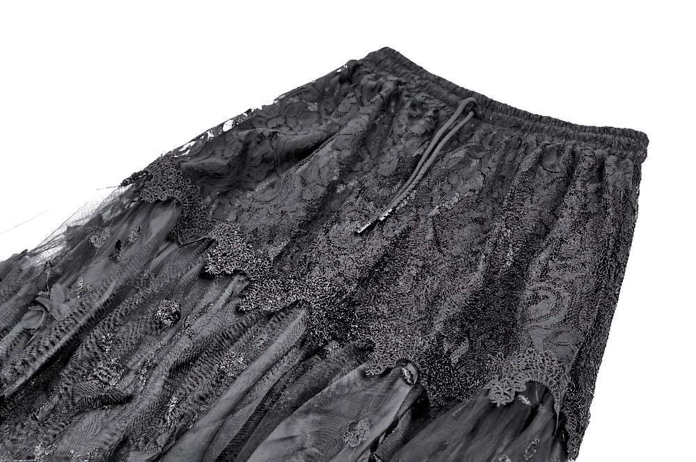 Gothic Black Floral Lace Maxi Skirt for Women showcasing layered lace and sheer mesh details.
