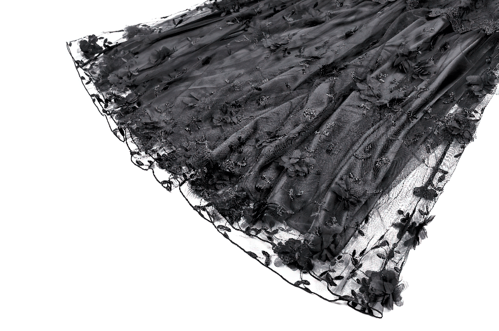 Gothic Black Floral Lace Maxi Skirt for Women featuring layered lace and floral embellishments.