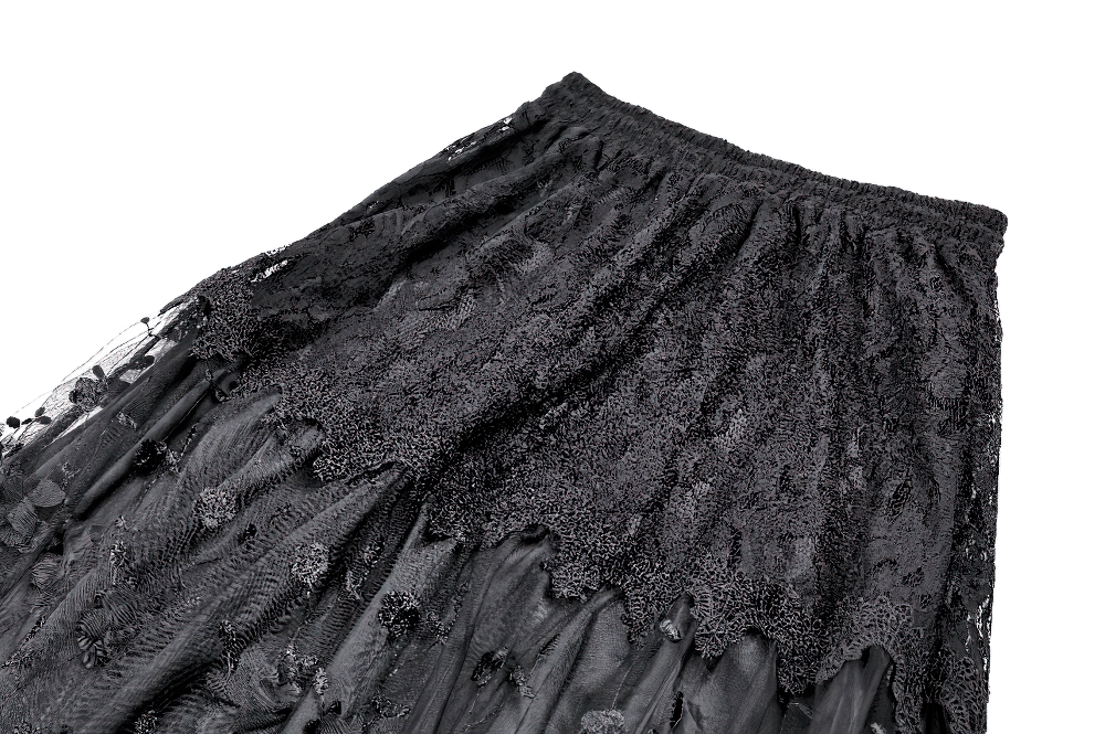 Gothic Black Floral Lace Maxi Skirt for Women with layered lace and floral details, perfect for dark aesthetic outfits.