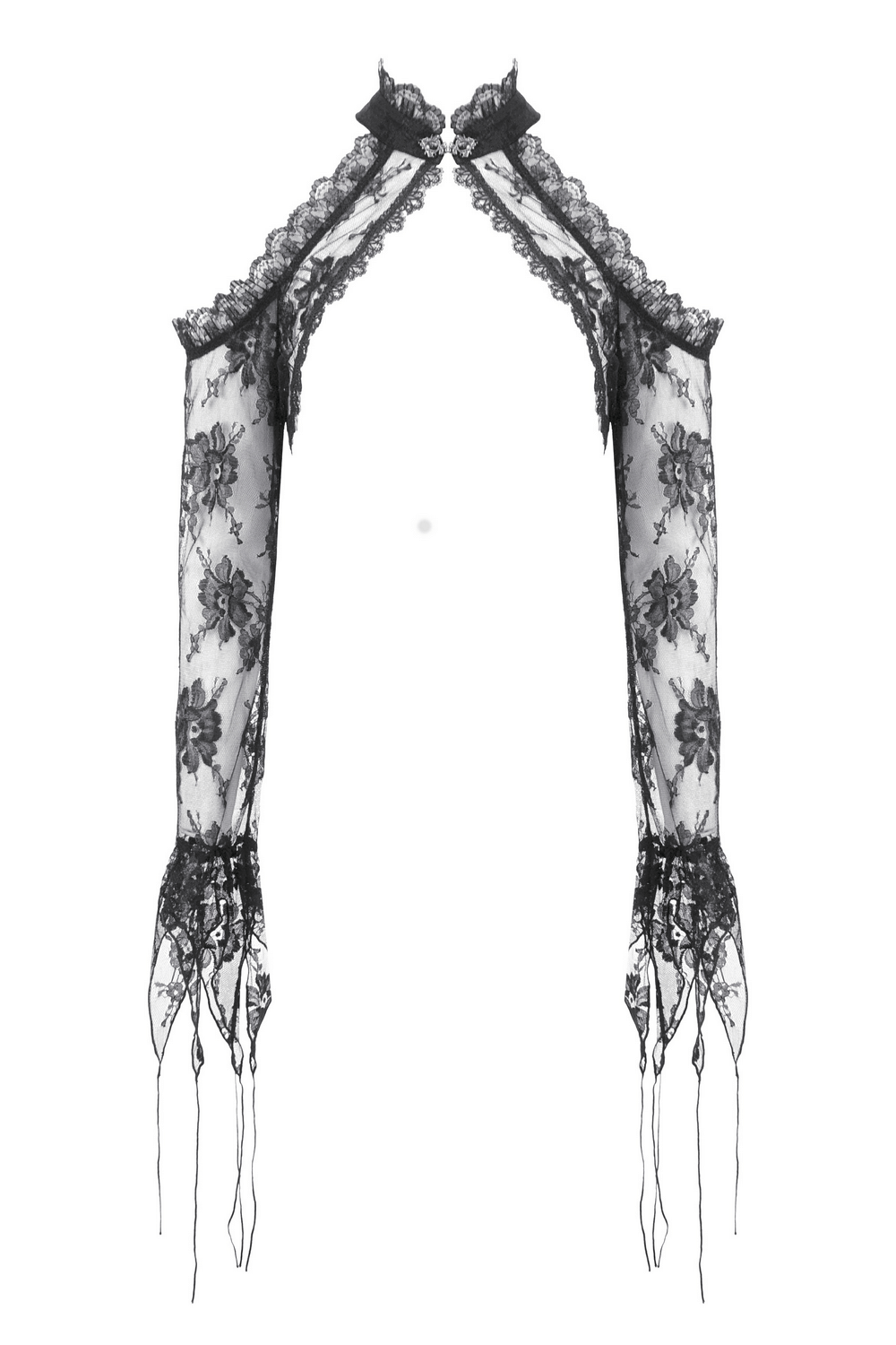 Gothic black floral lace shrug with flared sleeves and ribbon ties for vintage charm and elegant arm coverage.