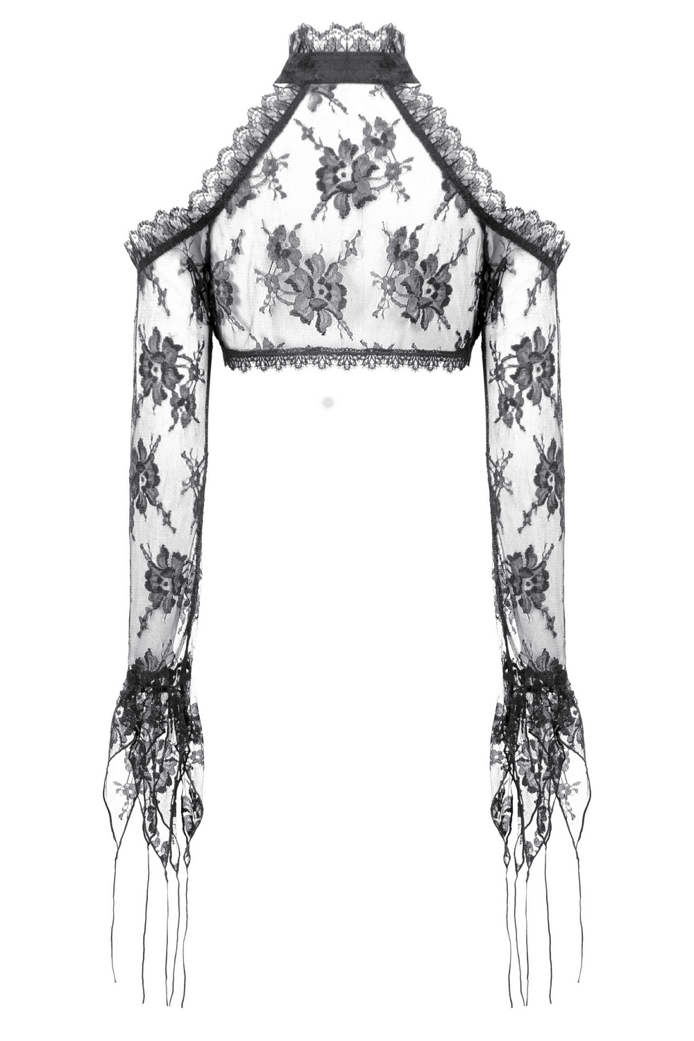 Gothic black floral lace shrug with long sheer sleeves and flared cuffs for a dramatic Victorian touch.