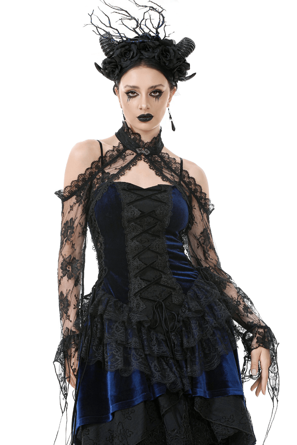 Gothic black floral lace shrug with long flared sleeves worn over a dark velvet dress, perfect for alternative outfits.