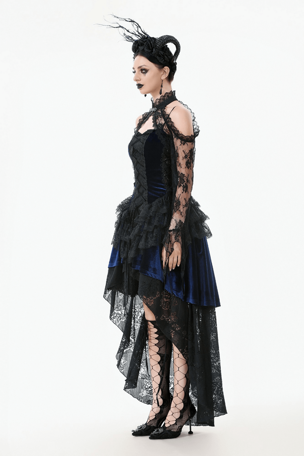 Gothic black floral lace shrug with long flared sleeves paired with a stunning blue Victorian dress.
