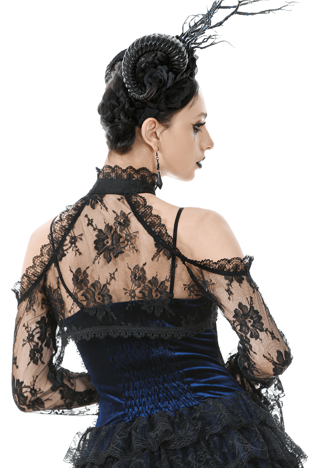 Gothic black floral lace shrug with elegant long sleeves and flared cuffs, perfect for alternative outfits.