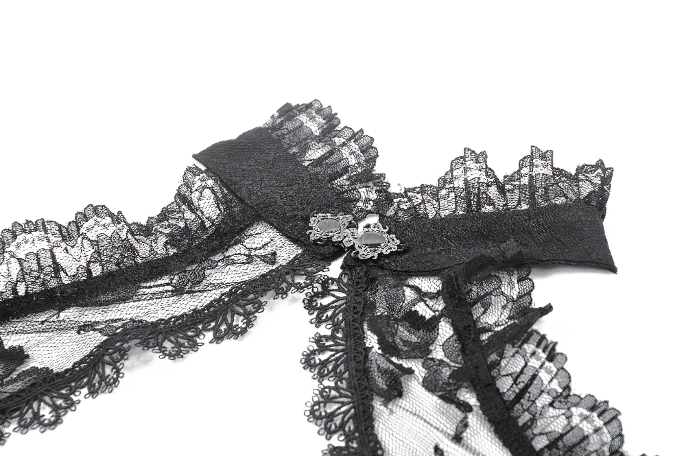 Gothic black floral lace shrug with skull detail and flared cuffs, perfect for Victorian and punk styles.