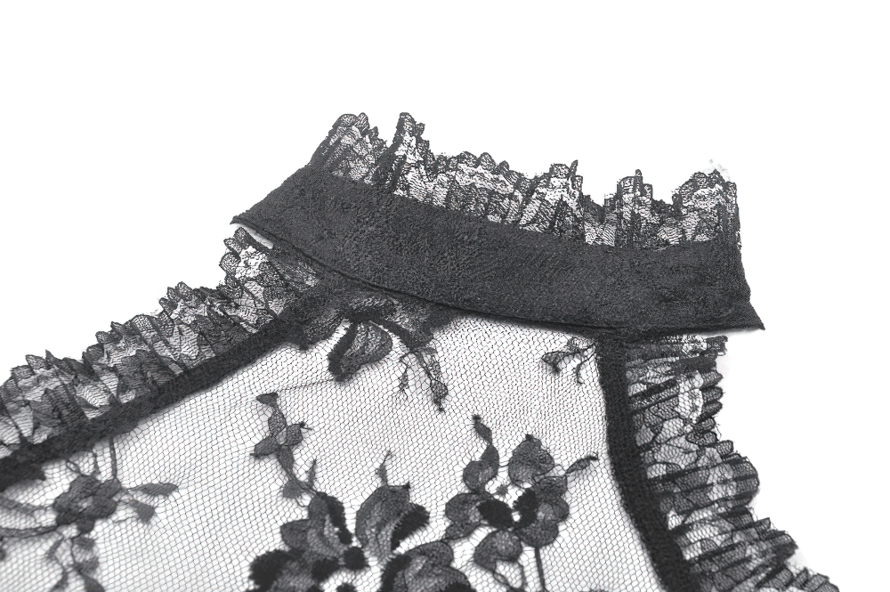Close-up of black floral lace detailing on a shrug collar, showcasing Victorian-inspired design and intricate ruffle edges.