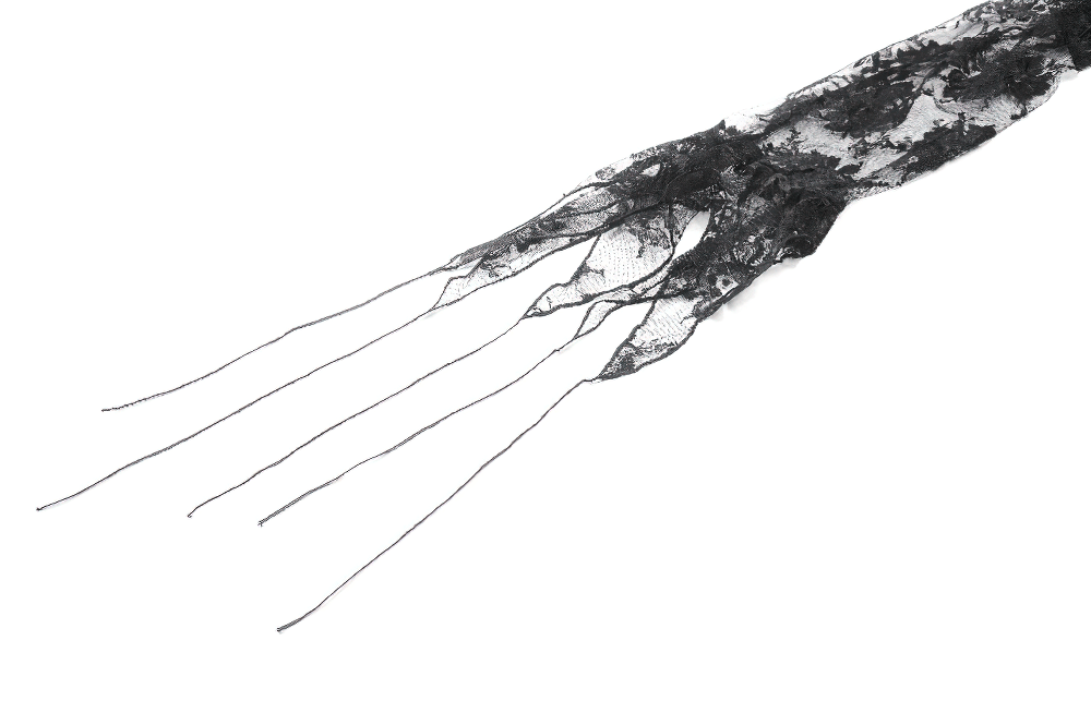 Gothic black floral lace arm warmer with long sheer sleeves and flared cuffs, perfect for punk and alternative outfits.