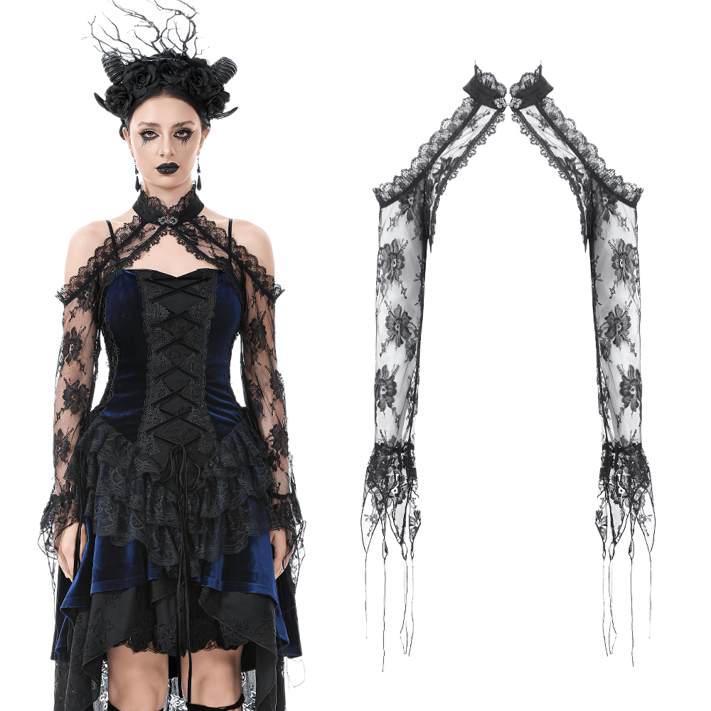 Gothic black floral lace shrug with flared sleeves, perfect for Victorian and alternative fashion.