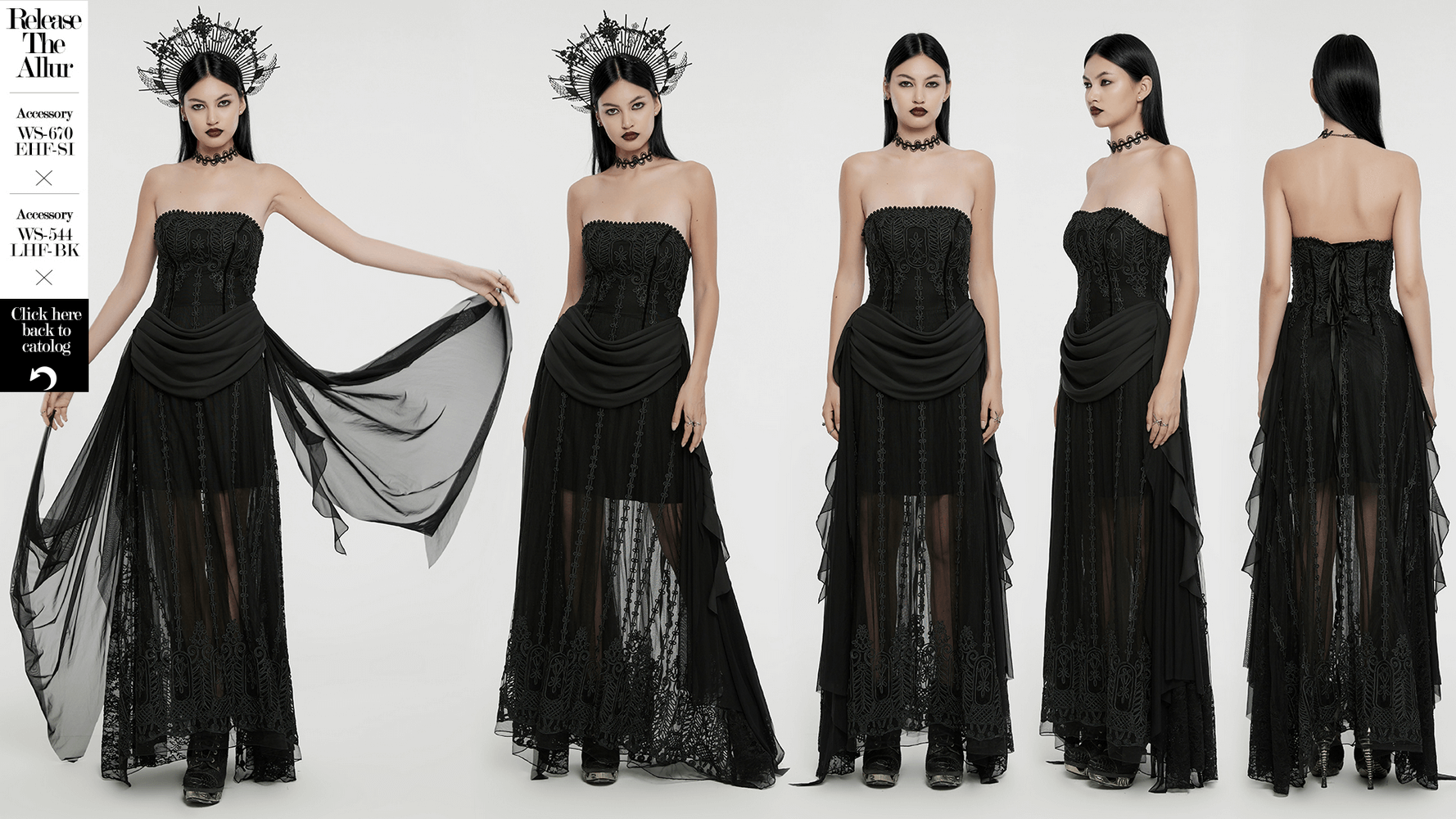 Elegant gothic black floral mesh dress with chiffon layers, showcasing intricate embroidery and flowing drapes.