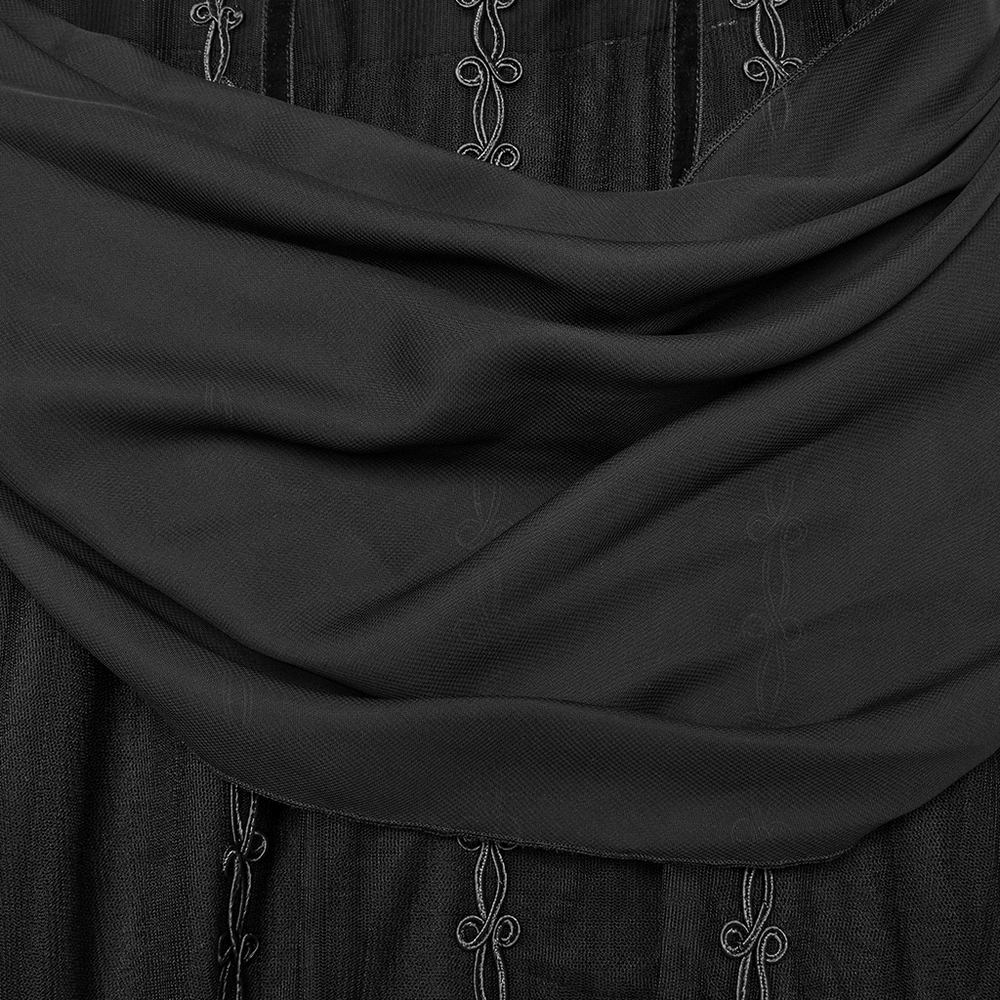 Close-up of the gothic black floral mesh dress featuring elegant chiffon layers and intricate embroidery details.