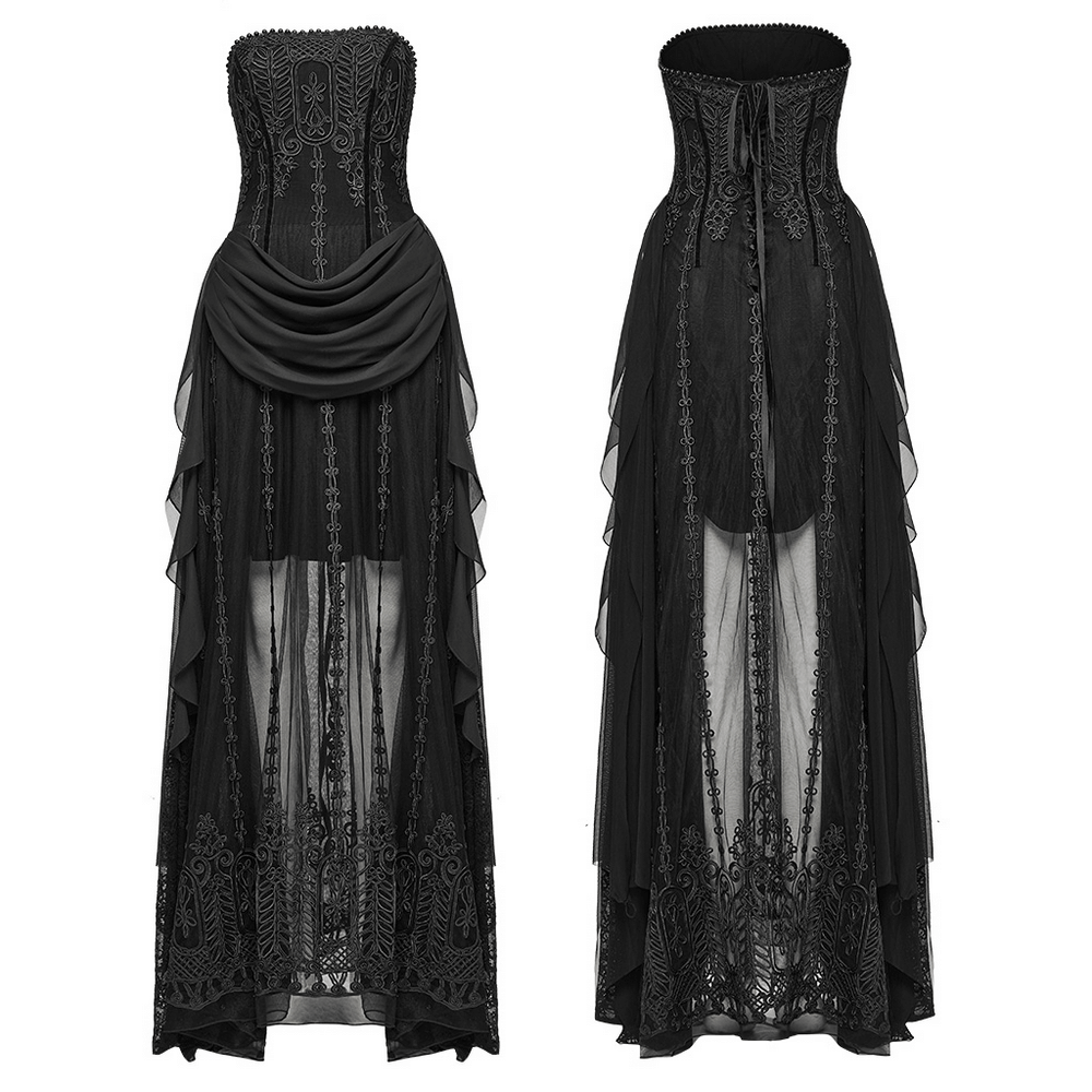 Elegant gothic black floral mesh dress with chiffon layers and intricate embroidery, perfect for a night out.