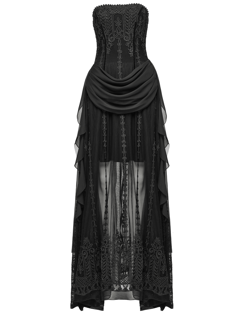 Elegant gothic black floral mesh dress with chiffon layers and intricate beaded embroidery, perfect for enchanting evenings.