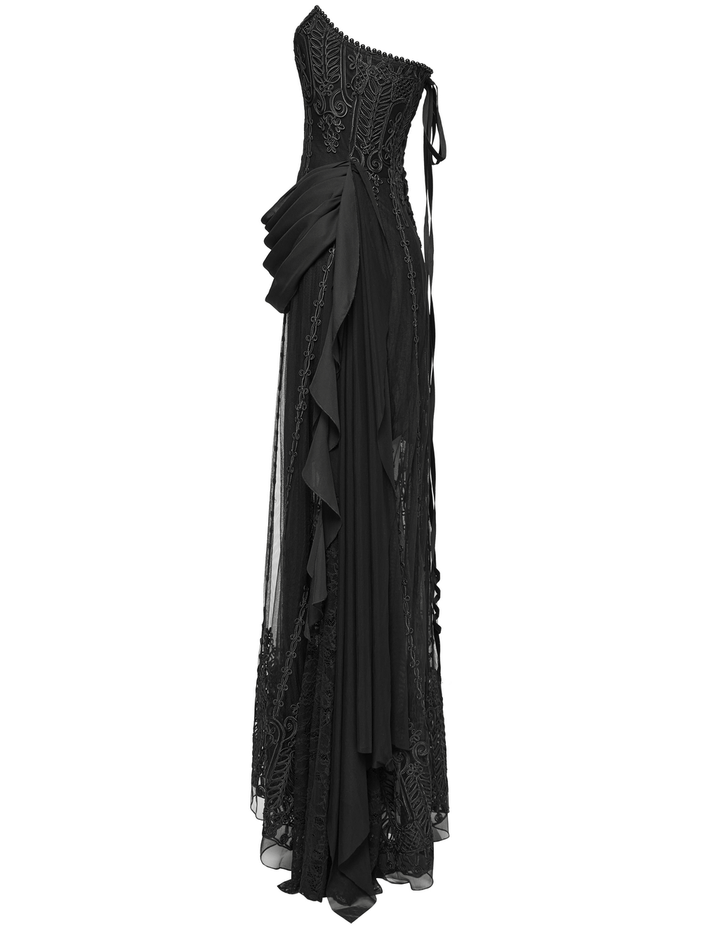 Elegant gothic black dress with floral mesh, chiffon layers, and intricate embroidery showcased from the back.