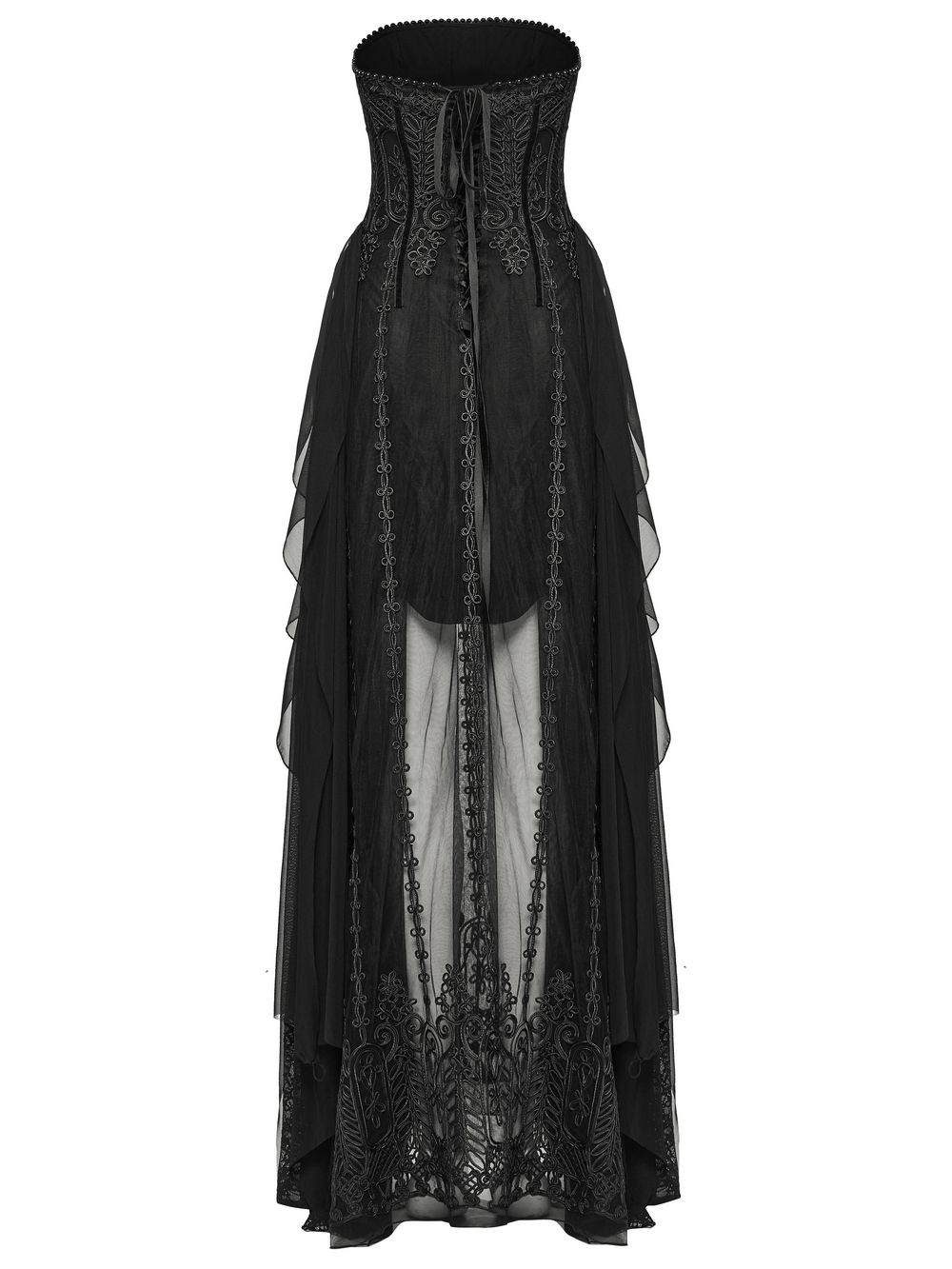 Gothic black floral mesh dress with chiffon layers and beaded details, showcasing elegant embroidery and a fitted silhouette.