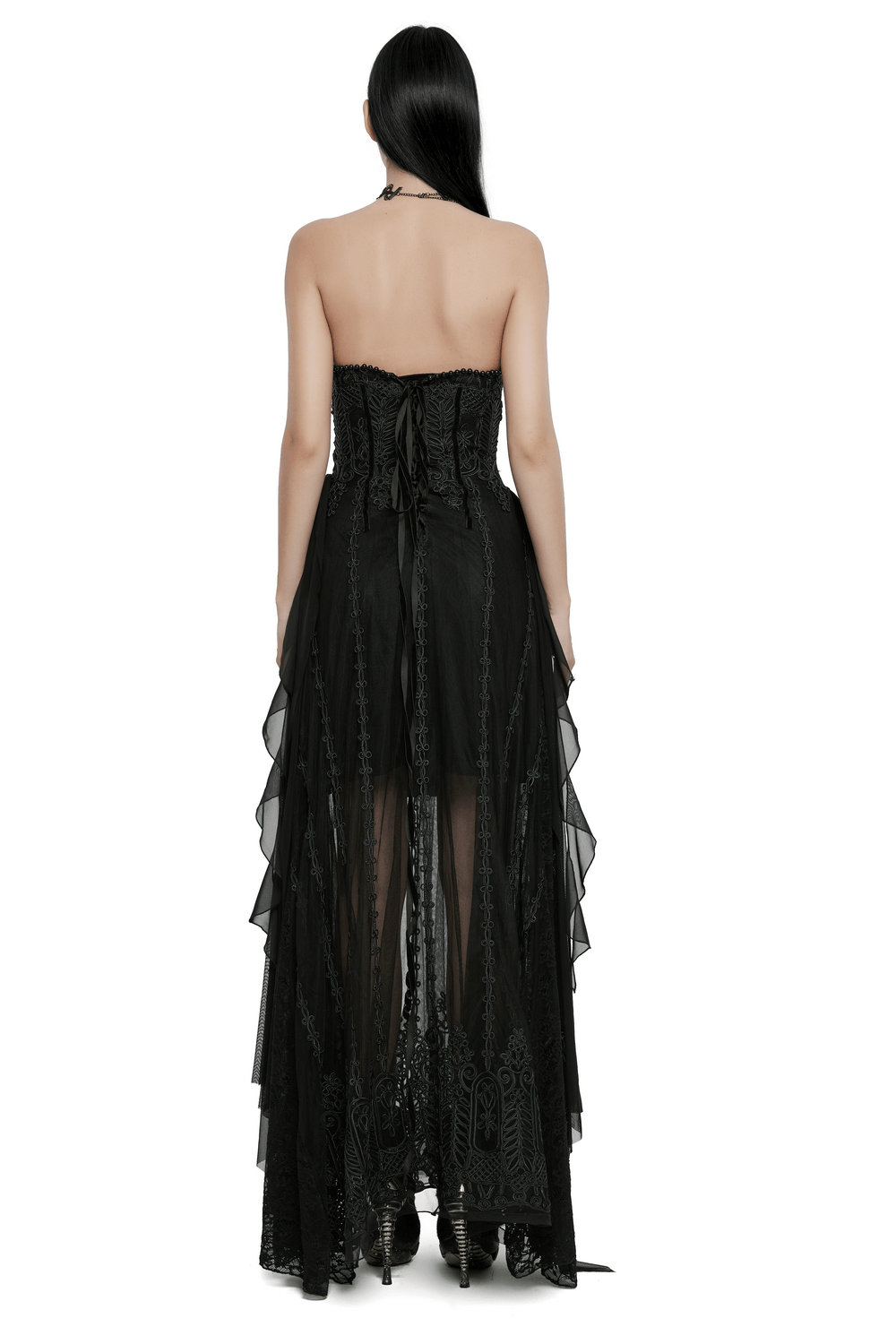 Elegant back view of the Gothic Black Floral Mesh Dress featuring layered chiffon and intricate embroidery details.