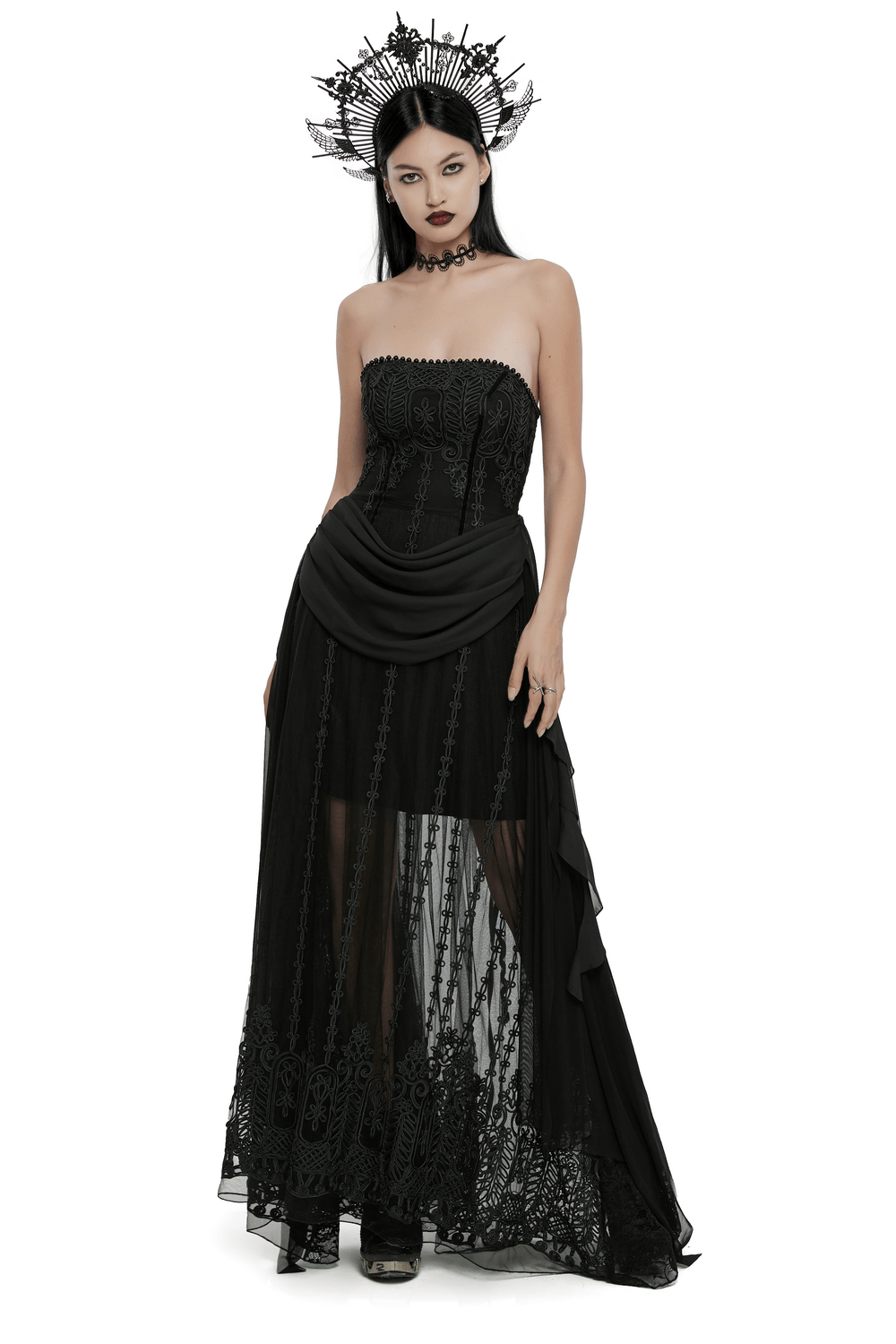 Elegant gothic black floral mesh dress with chiffon layers, featuring intricate embroidery and a flowing design.