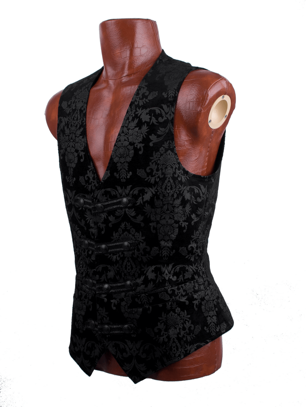 Victorian Gothic black floral vest showcasing intricate design and elegant silhouette for a stylish gothic look.