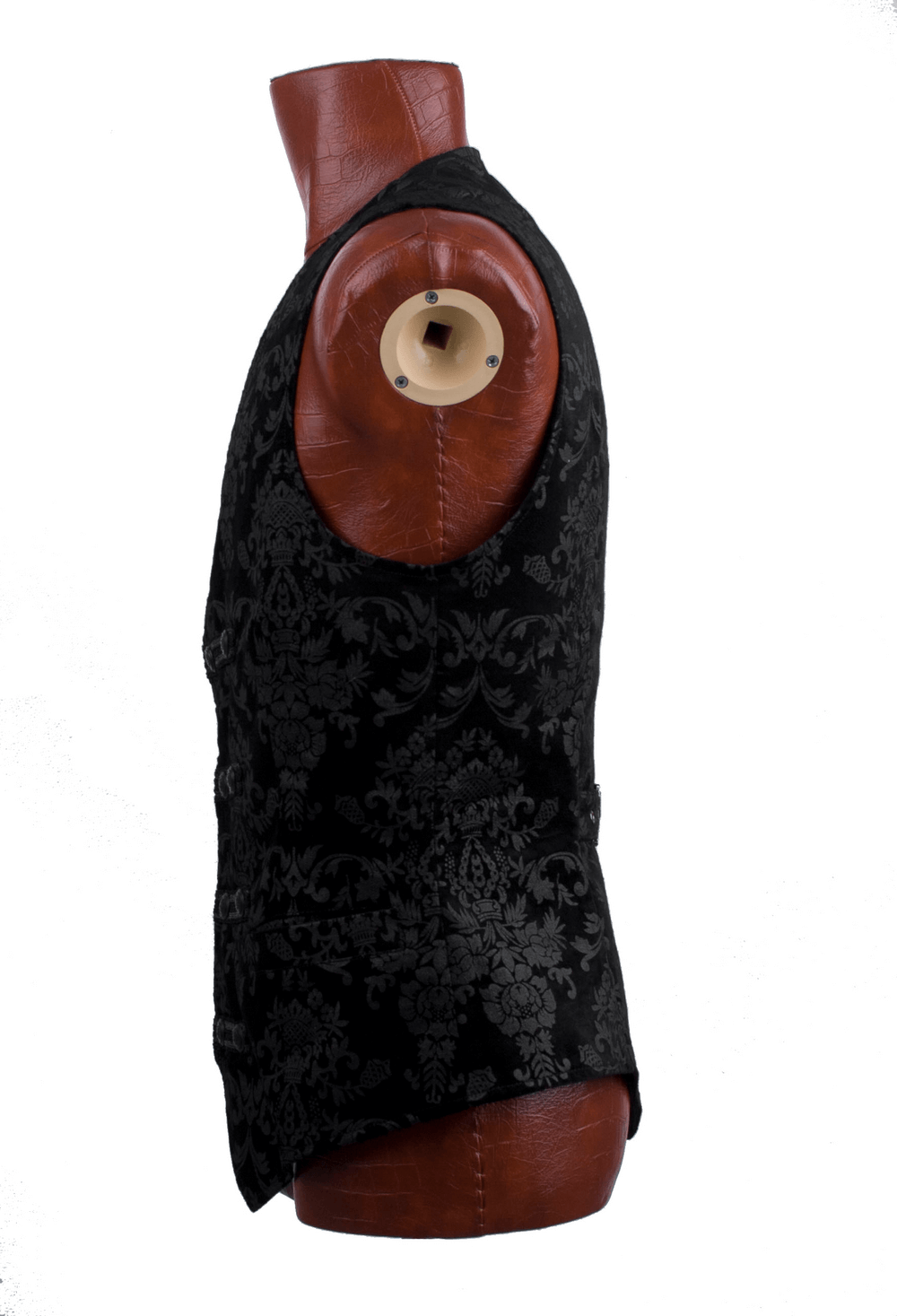 Gothic black floral vest showcased on a mannequin, highlighting Victorian elegance and stylish design.