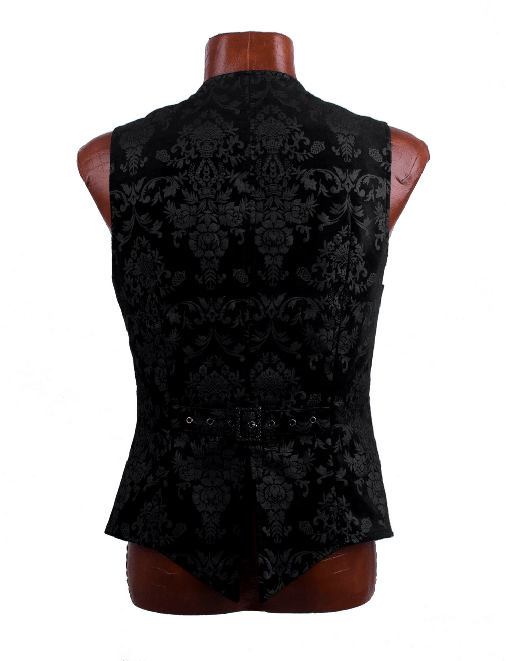 Stylish Gothic Black Floral Vest showcasing intricate floral design and traditional fastenings, perfect for a Victorian-inspired look.
