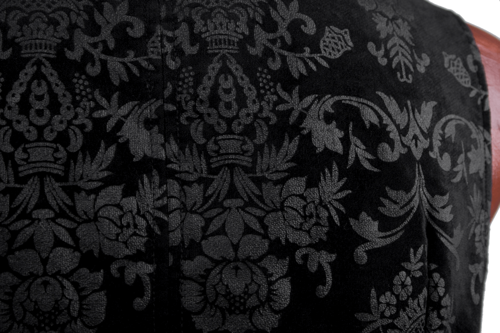 Gothic black floral vest detail showcasing elegant Victorian-inspired design and intricate floral patterns.