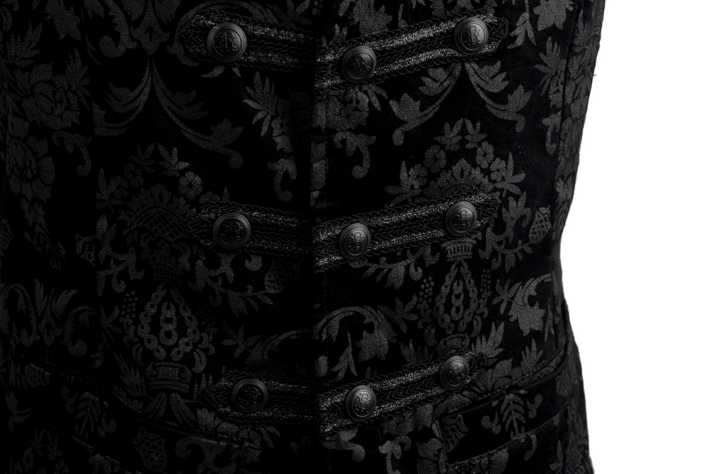 Gothic black floral vest detail showcasing elegant Victorian-inspired design and intricate buttons.