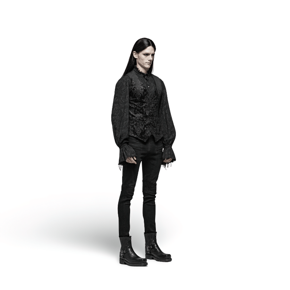 Gothic black floral vest worn by a model, exuding Victorian elegance and modern style, perfect for layering.