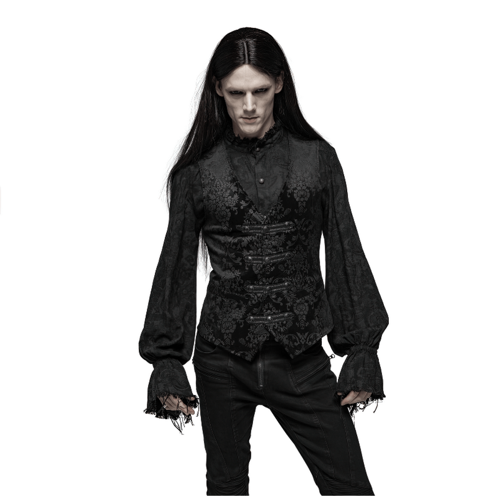 Gothic black floral waistcoat with elegant design and moody style, perfect for a Victorian-inspired look.