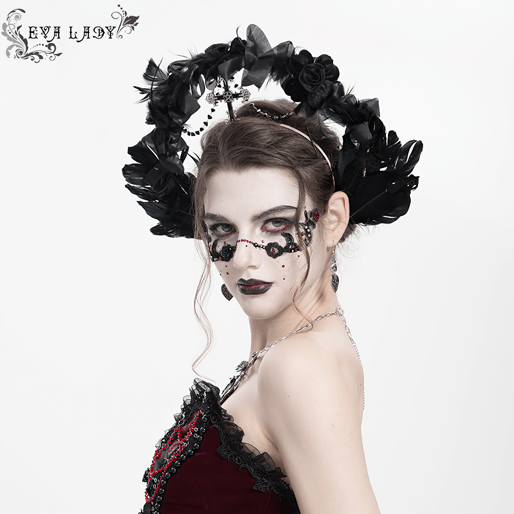 Gothic black halo crown with feathers and cross, worn by model showcasing dark fantasy fashion and baroque elegance.
