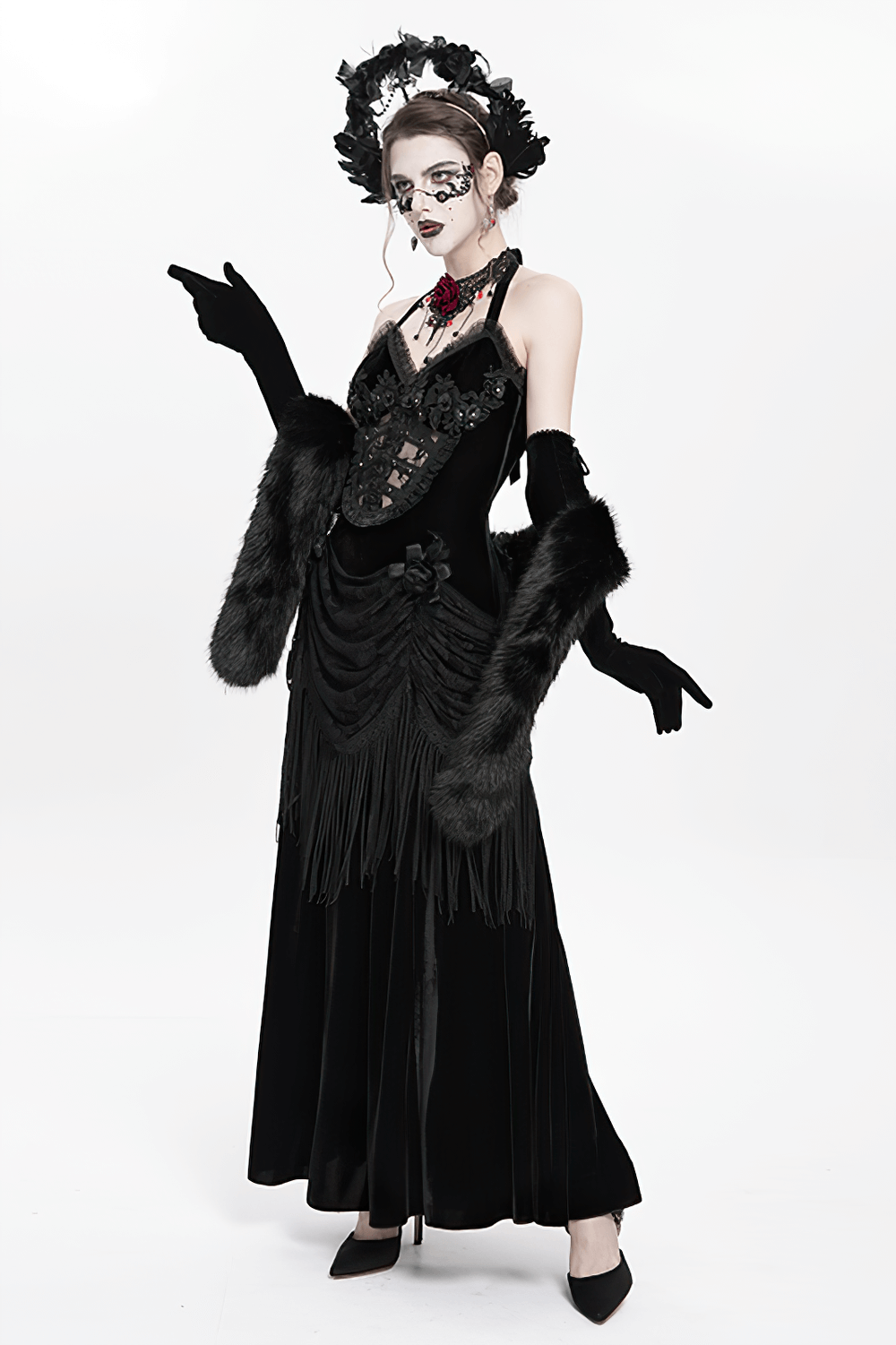 Gothic black halo crown with feathers, cross, and elegant baroque-inspired outfit for dark fantasy style.