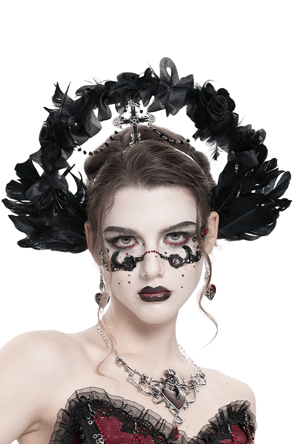 Gothic black halo crown with feathers, cross, and roses, perfect for dramatic looks and alternative fashion events.