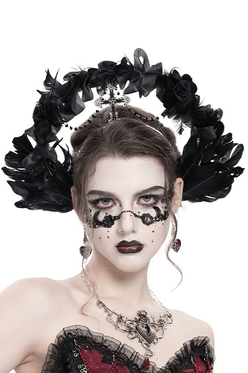 Couronne Halo Noire Gothique avec Plumes et Décor de Croix