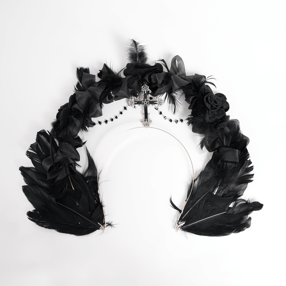 Gothic black halo crown with feathers, iron cross, and roses for alternative fashion and performances.