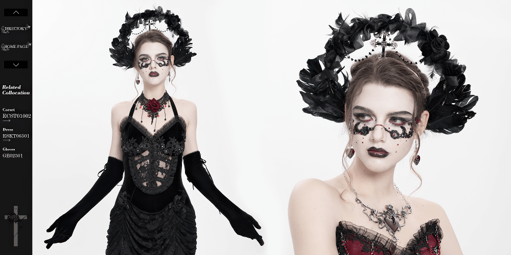 Gothic black halo crown with feathers and cross, perfect for dark fantasy looks and performances.