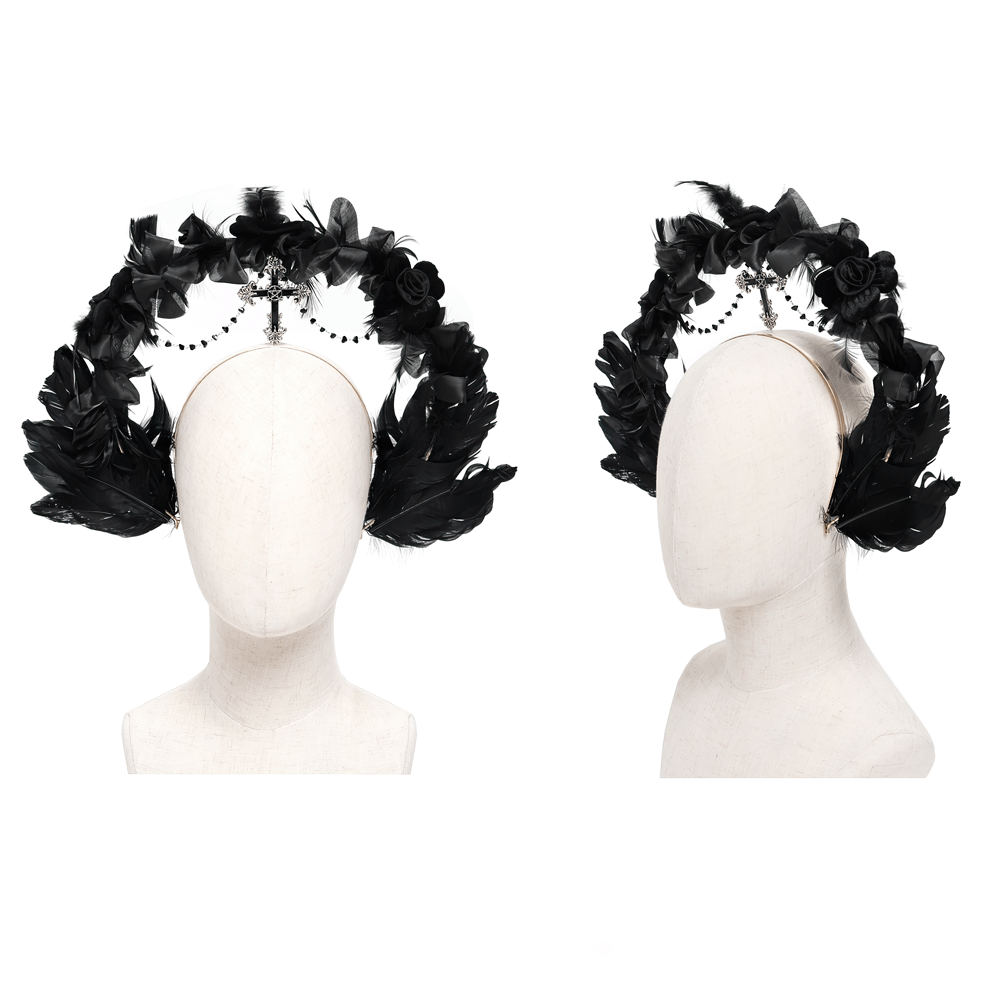 Gothic black halo crown with feathers, cross, and roses for dark fantasy and fashion events.