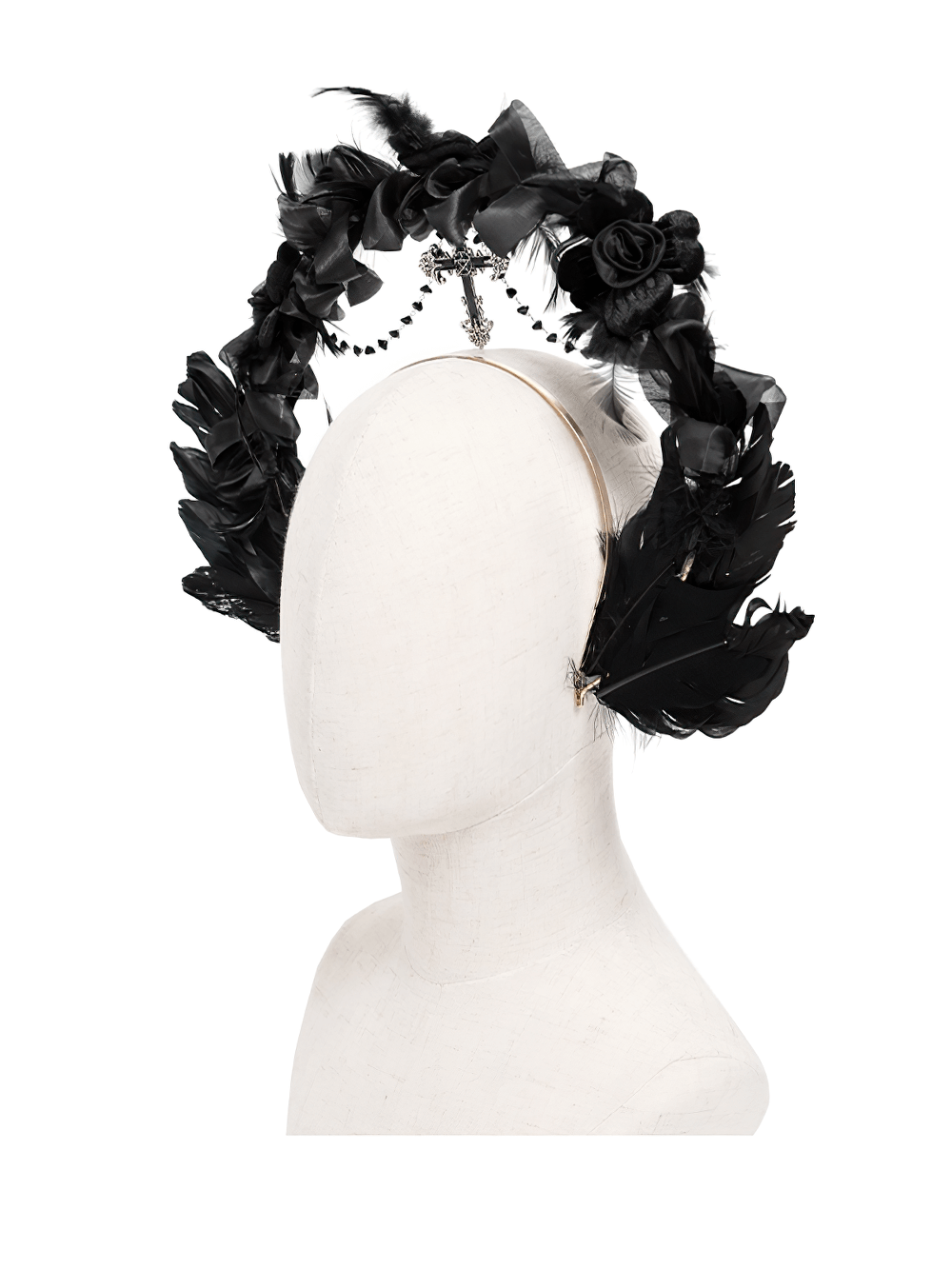 Gothic black halo crown with feathers, cross, and roses showcasing baroque elegance and dark fantasy.