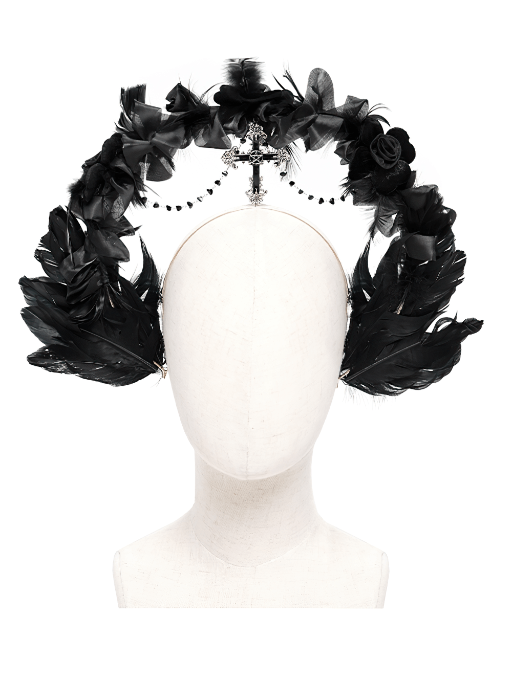 Gothic black halo crown with feathers and cross, perfect for dramatic looks and alternative fashion events.