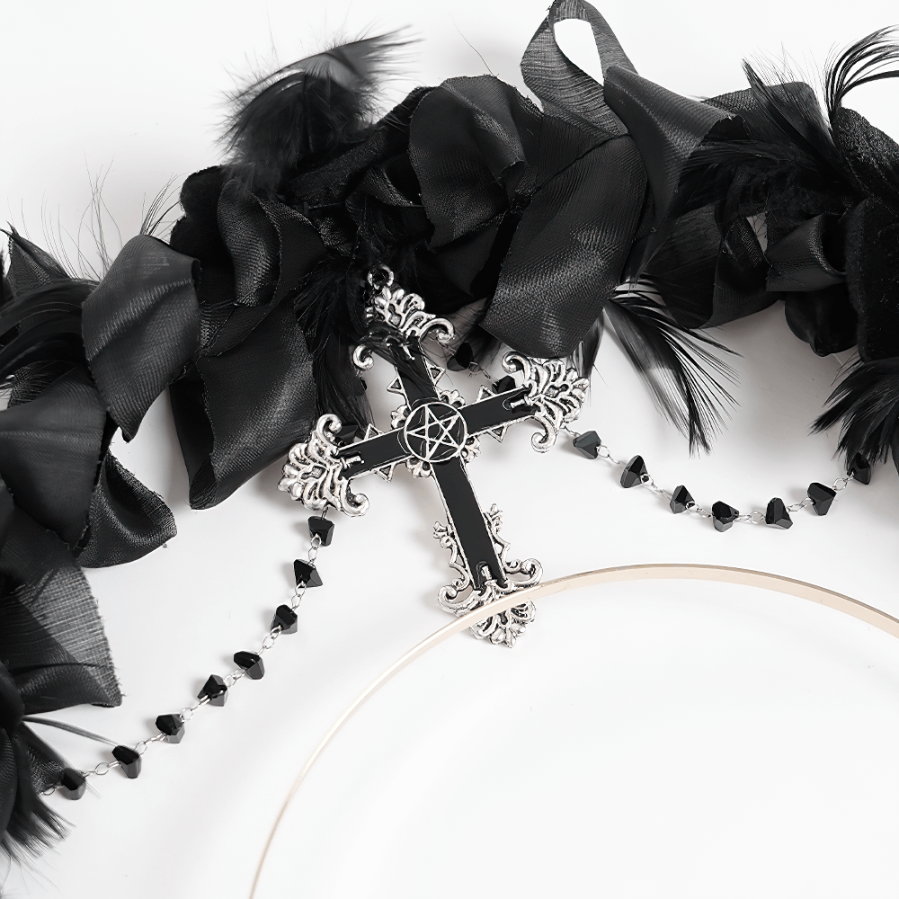 Gothic black halo crown with feathers, roses, and iron cross, perfect for dark fantasy fashion and events.