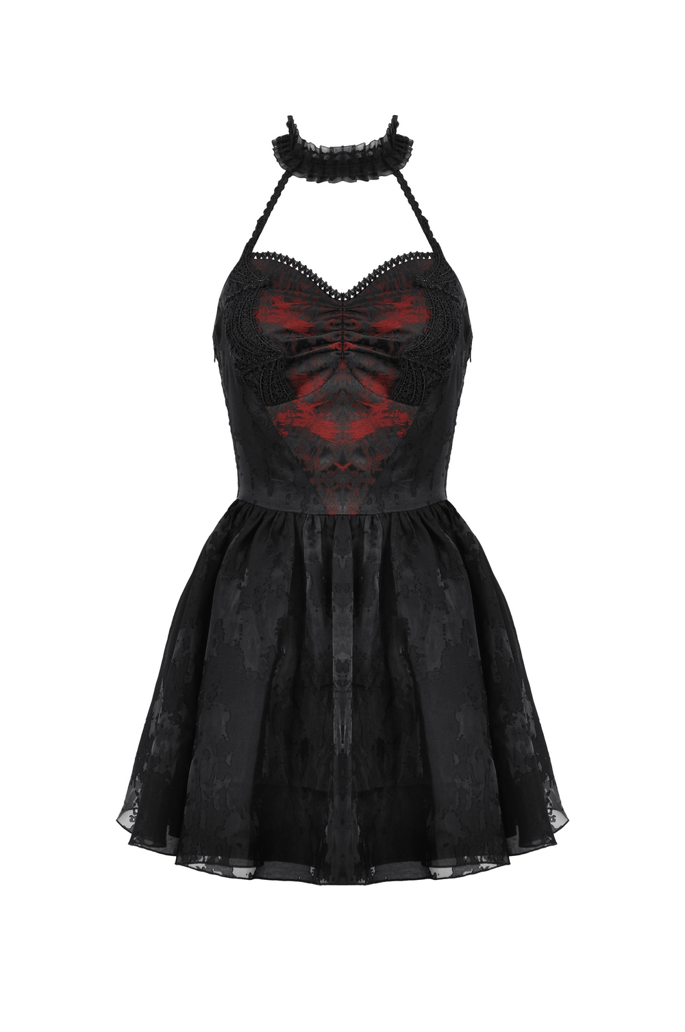 Gothic Black Halter Dress with Lace and Ruffle Details