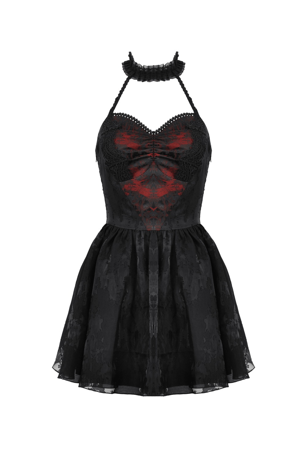 Gothic black halter dress with lace and ruffle details, featuring a stunning vintage-inspired design.
