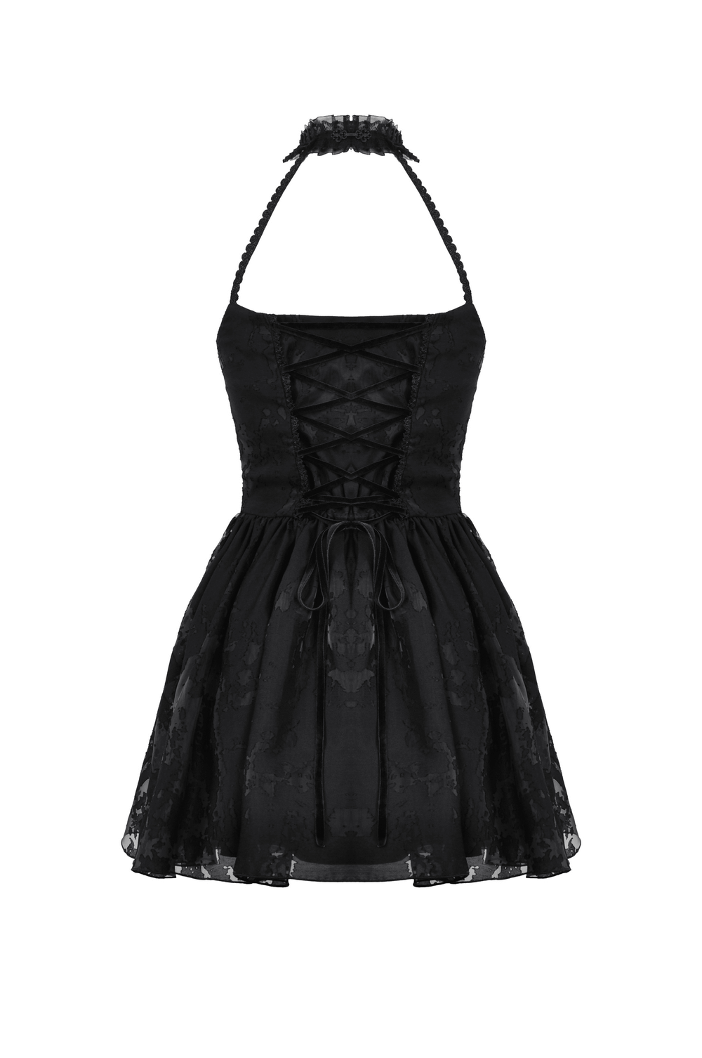 Gothic black halter dress with lace-up front and ruffle neckline, perfect for vintage-inspired dark fashion.