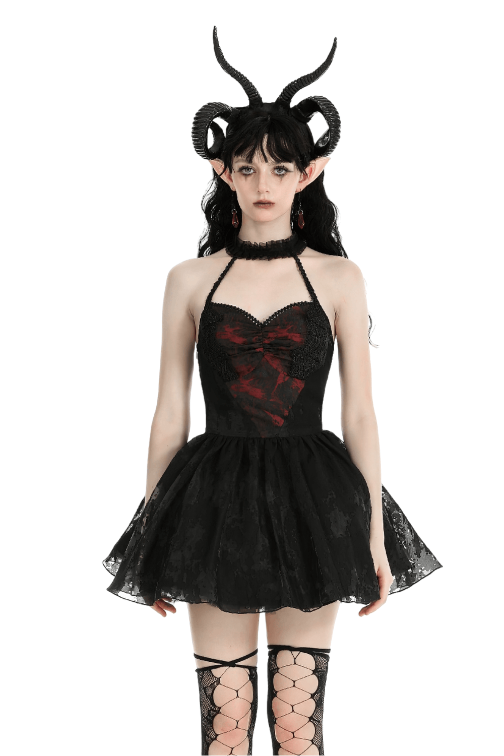 Gothic black halter dress with lace accents, ruffle neckline, and dark vintage charm, styled with horns and lace stockings.