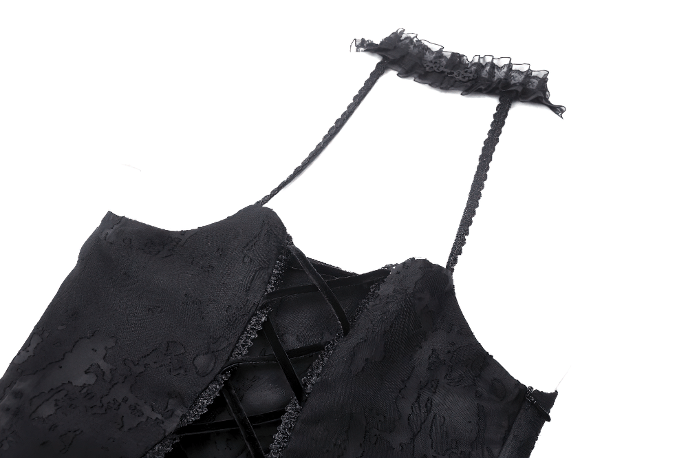 Gothic Black Halter Dress with Lace and Ruffle Details