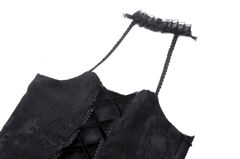 Black gothic halter dress featuring intricate lace details and ruffle accents, perfect for dark fashion lovers.