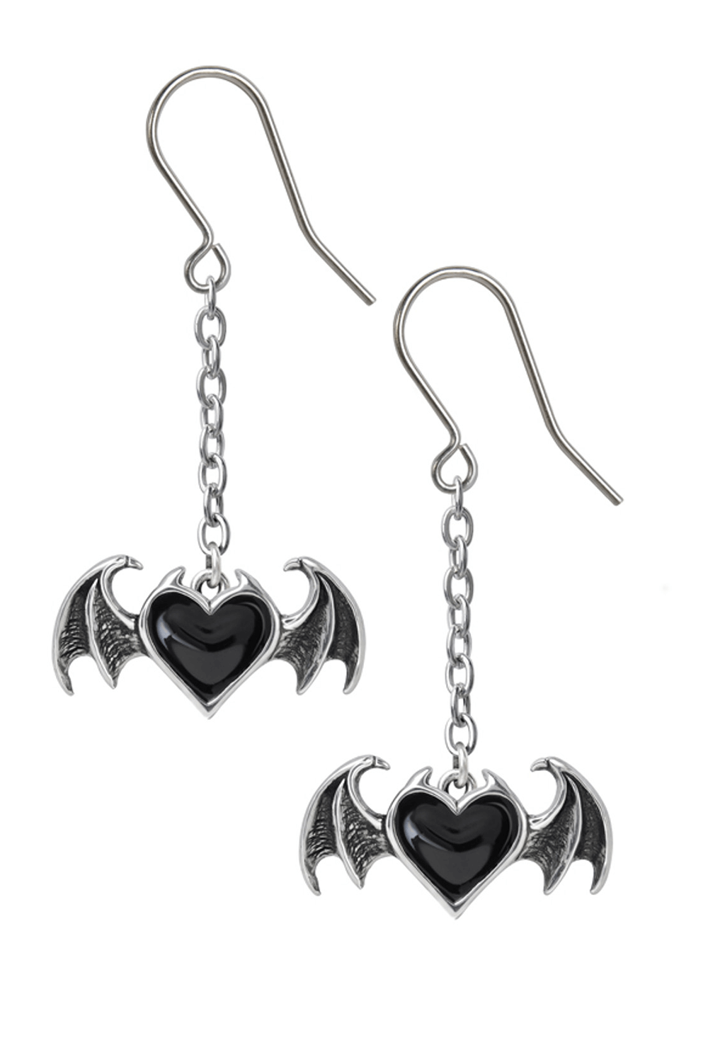 Gothic black heart and bat wings dropper earrings in pewter, perfect for edgy jewelry lovers.