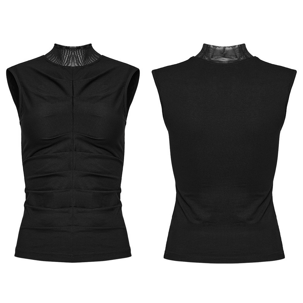 Gothic black high neck top with skeleton pleats, showcasing a sleek, stretchy fit for a bold gothic look.