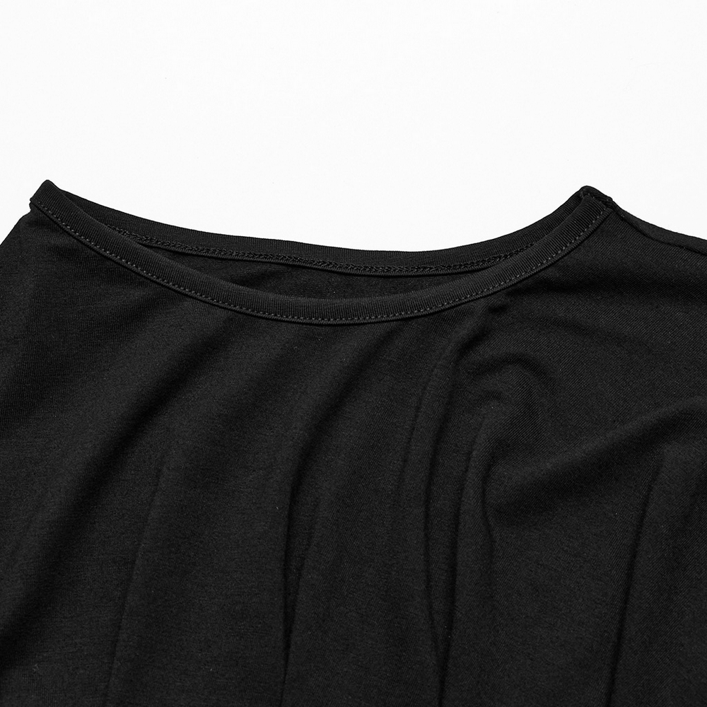 Close-up of the high neck detail on a sleek black Gothic top, showcasing soft fabric and clean stitching.